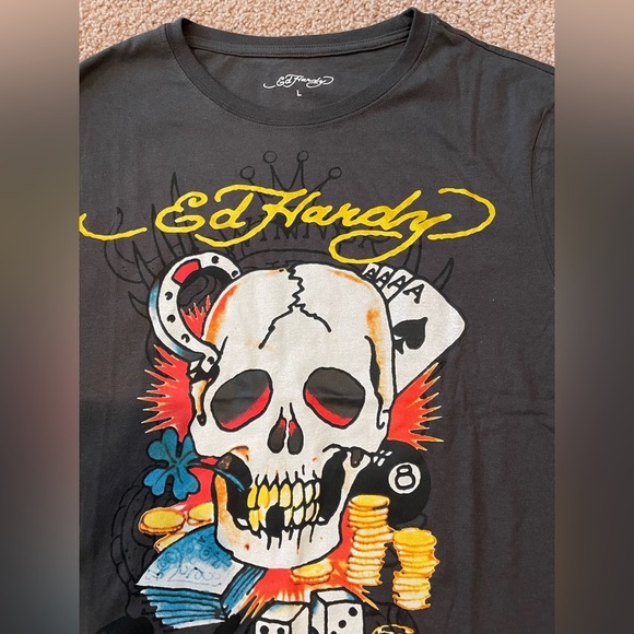 ED HARDY Ace Skull Men's Charcoal Gray T-shirt - Picture 3 of 10